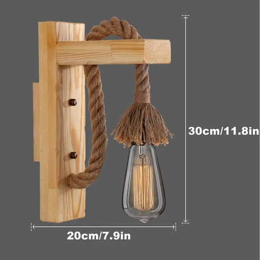 Retro Vintage Hemp Rope Wall Light - Wooden Wall Lamp Ideal for Restaurants, Kitchens, Coffee Shops, and Cozy Farmhouse Indoor Home Decor Lighting